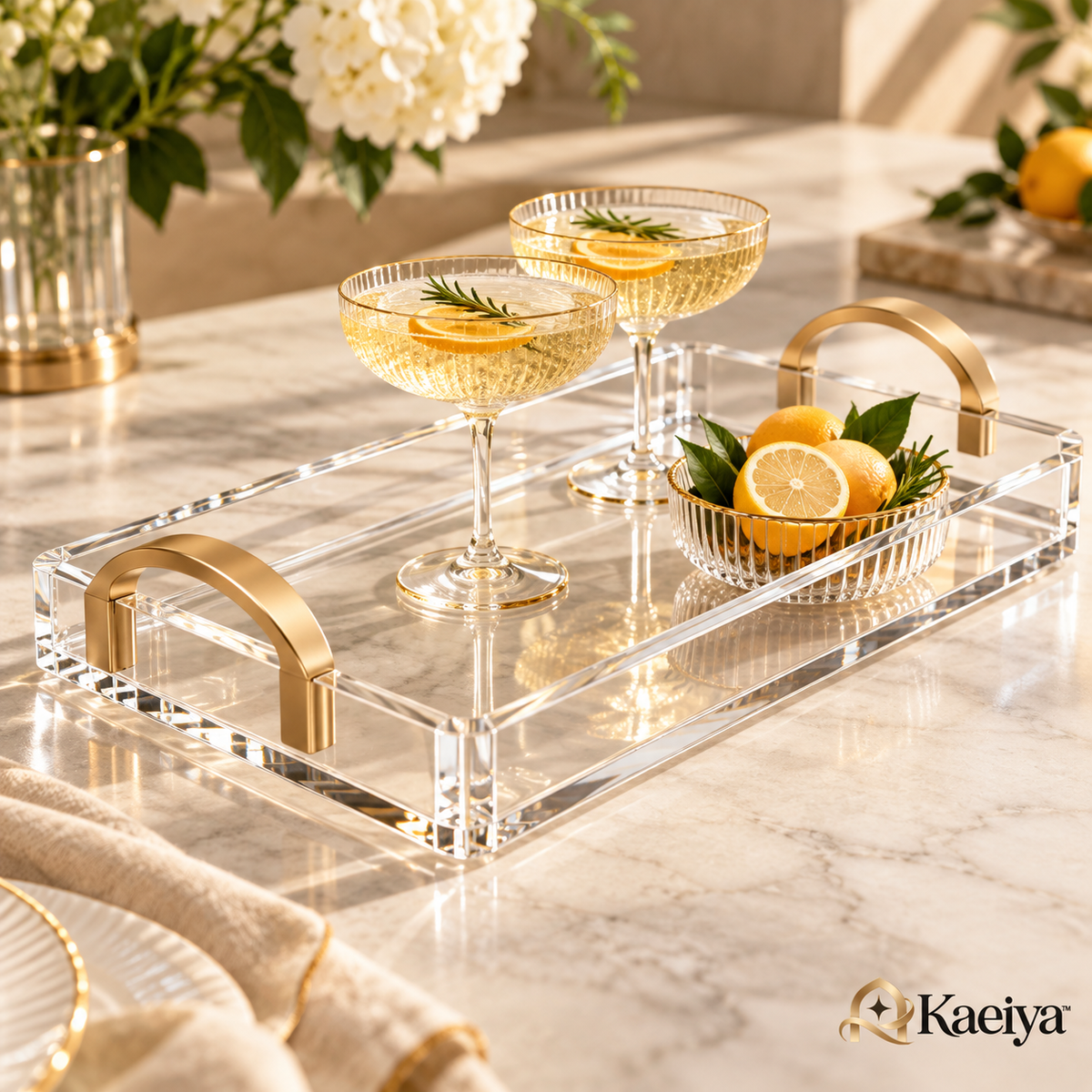 Kaeiya™ Clear Acrylic Serving Tray with Gold Handles — branded hero
