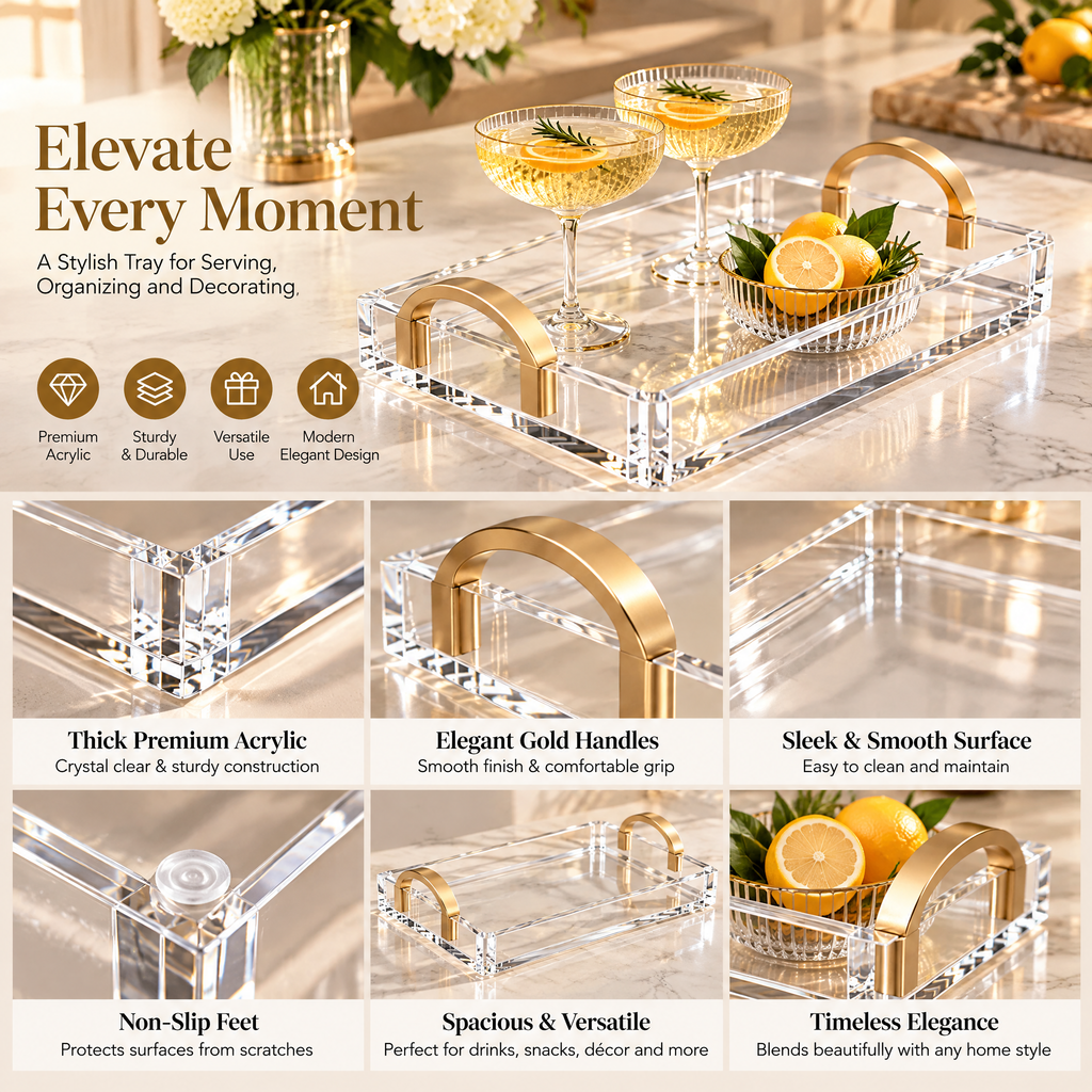 Kaeiya™ Clear Acrylic Serving Tray with Gold Handles — product view
