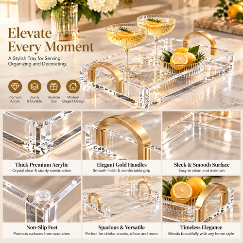 Kaeiya™ Clear Acrylic Serving Tray with Gold Handles — product view