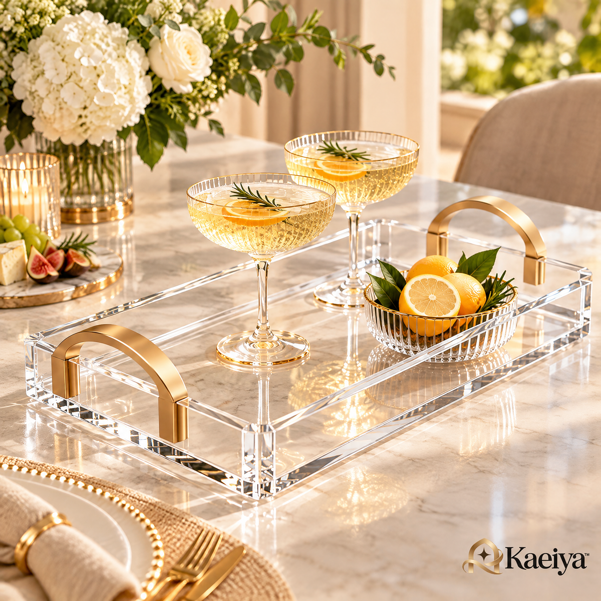 Kaeiya™ Clear Acrylic Serving Tray with Gold Handles — styled setting