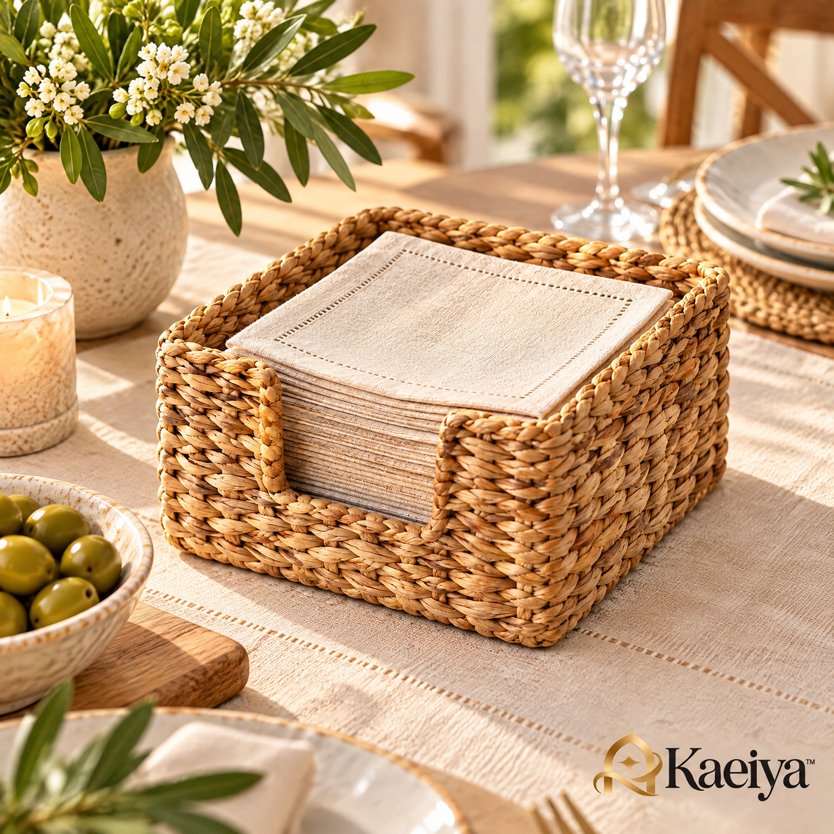 Kaeiya™ Woven Cocktail Napkin Holder — styled setting