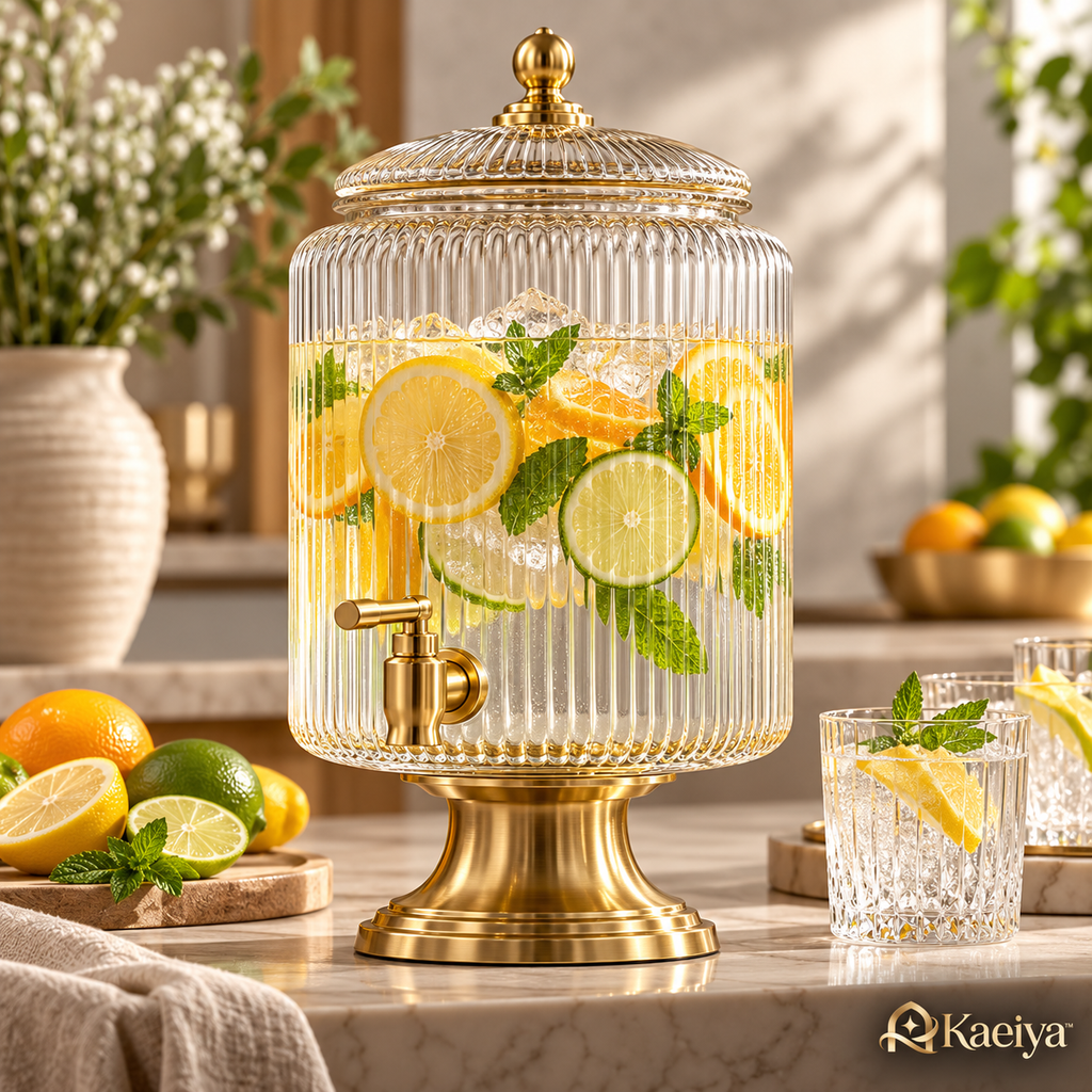 Kaeiya™ Ribbed Glass Beverage Dispenser with Gold Spigot — branded hero