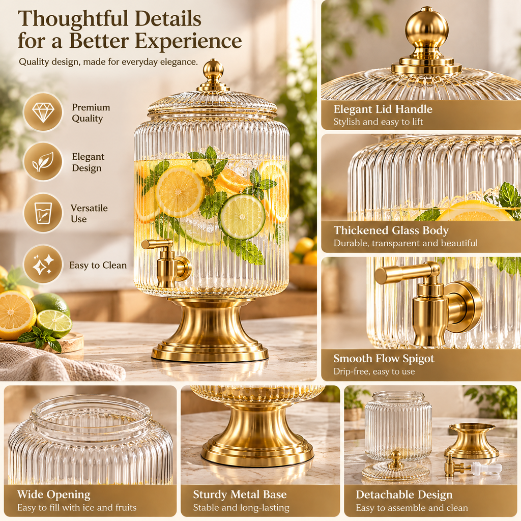 Kaeiya™ Ribbed Glass Beverage Dispenser with Gold Spigot — product view