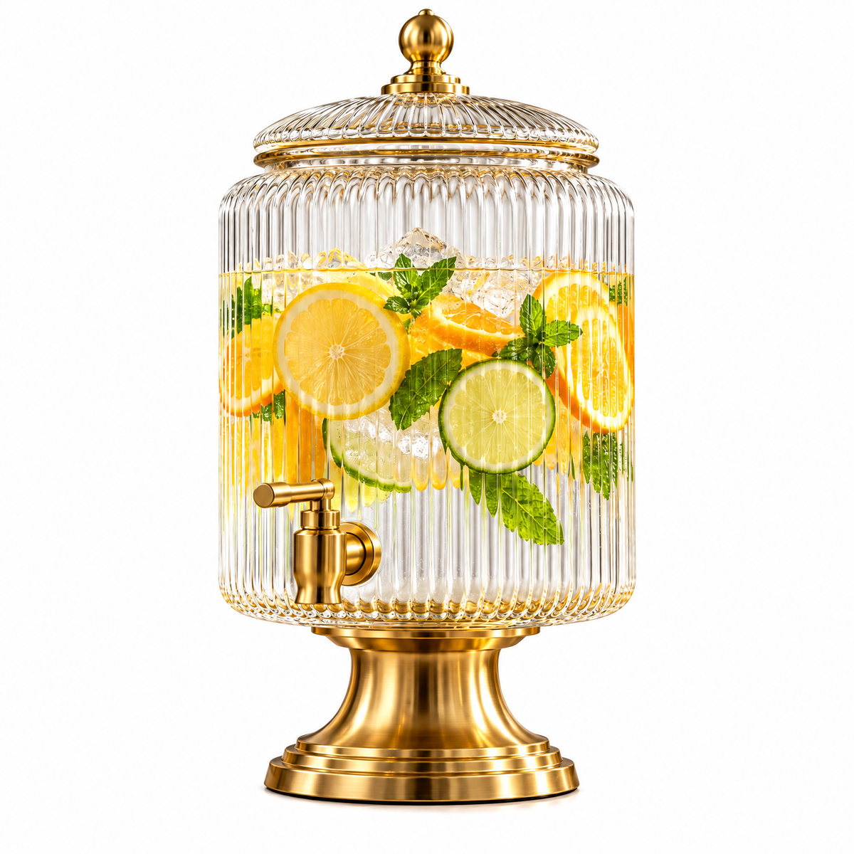 Kaeiya™ Ribbed Glass Beverage Dispenser with Gold Spigot — feature details