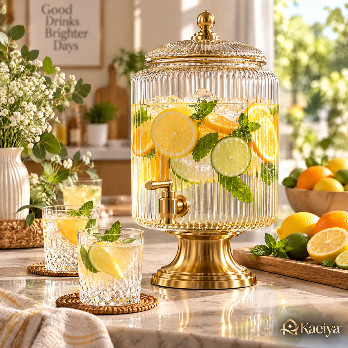 Kaeiya™ Ribbed Glass Beverage Dispenser with Gold Spigot — styled setting