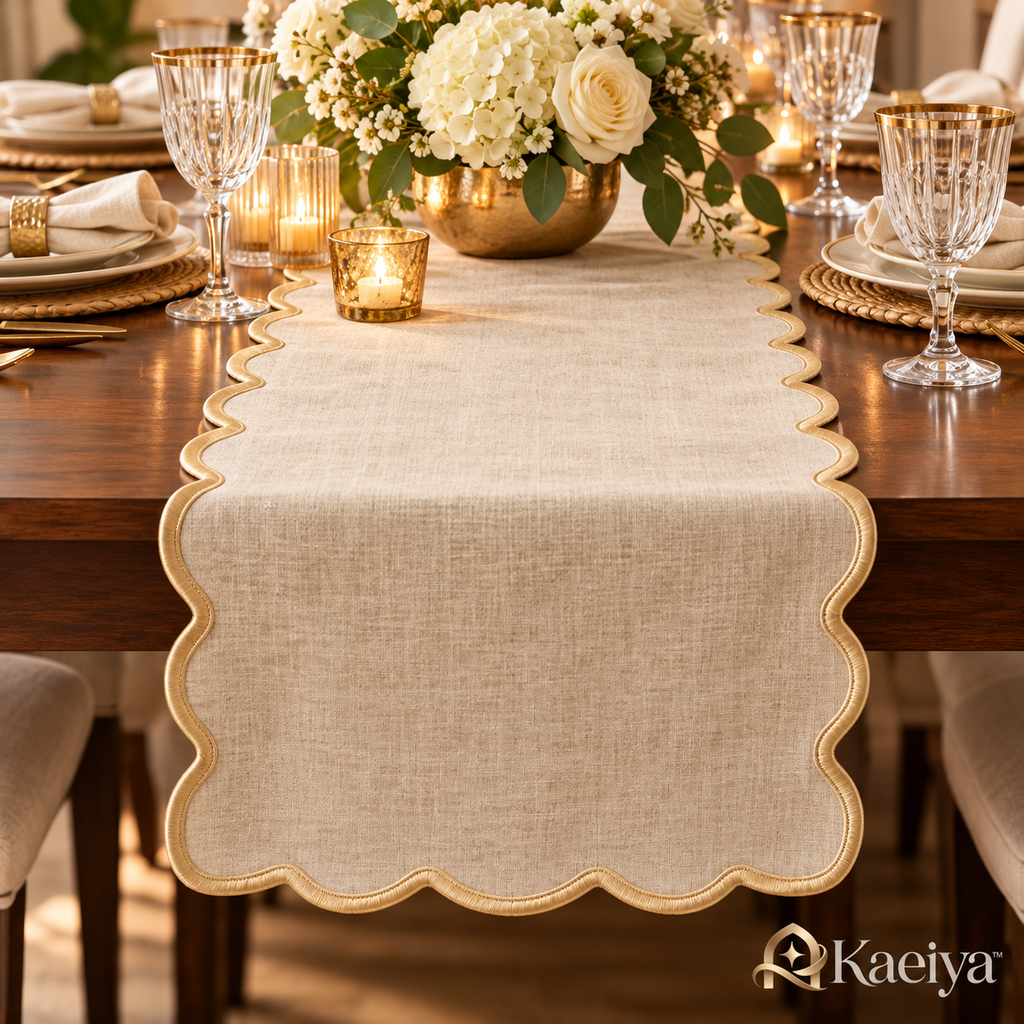 Kaeiya™ Scalloped Linen Party Table Runner — branded hero