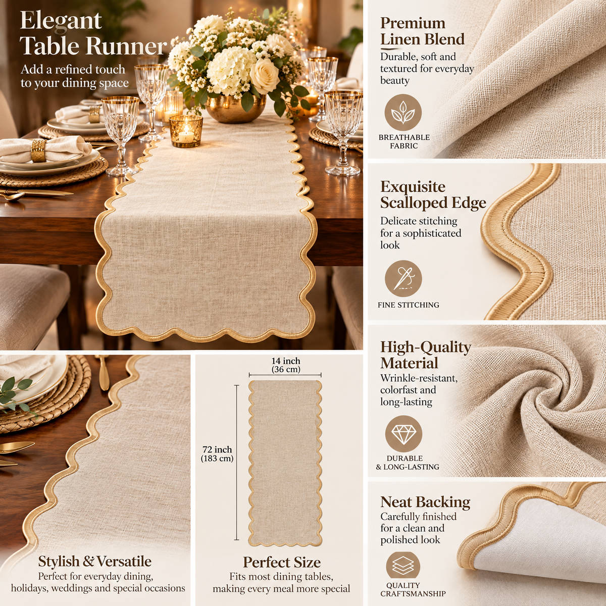 Kaeiya™ Scalloped Linen Party Table Runner — product view