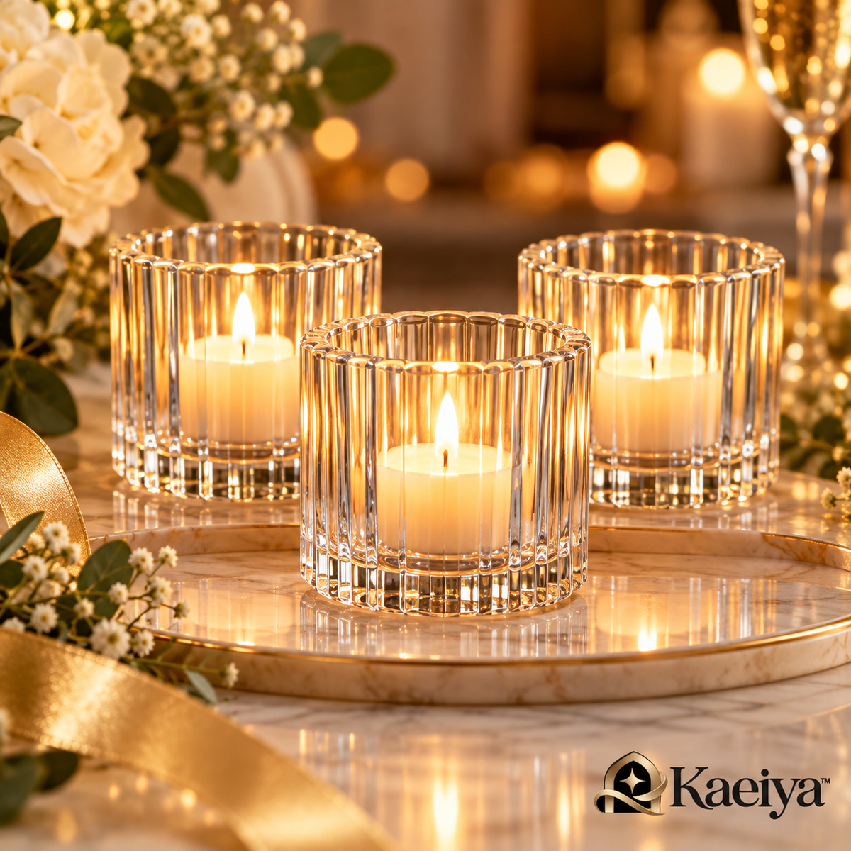 Kaeiya™ Ribbed Glass Votive Holder Set — branded hero