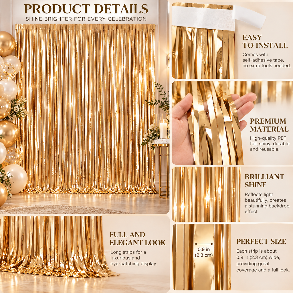 Kaeiya™ Champagne Fringe Party Backdrop — feature details