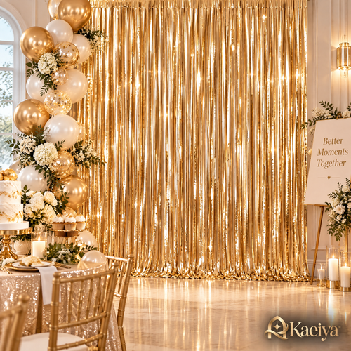 Kaeiya™ Champagne Fringe Party Backdrop — styled setting