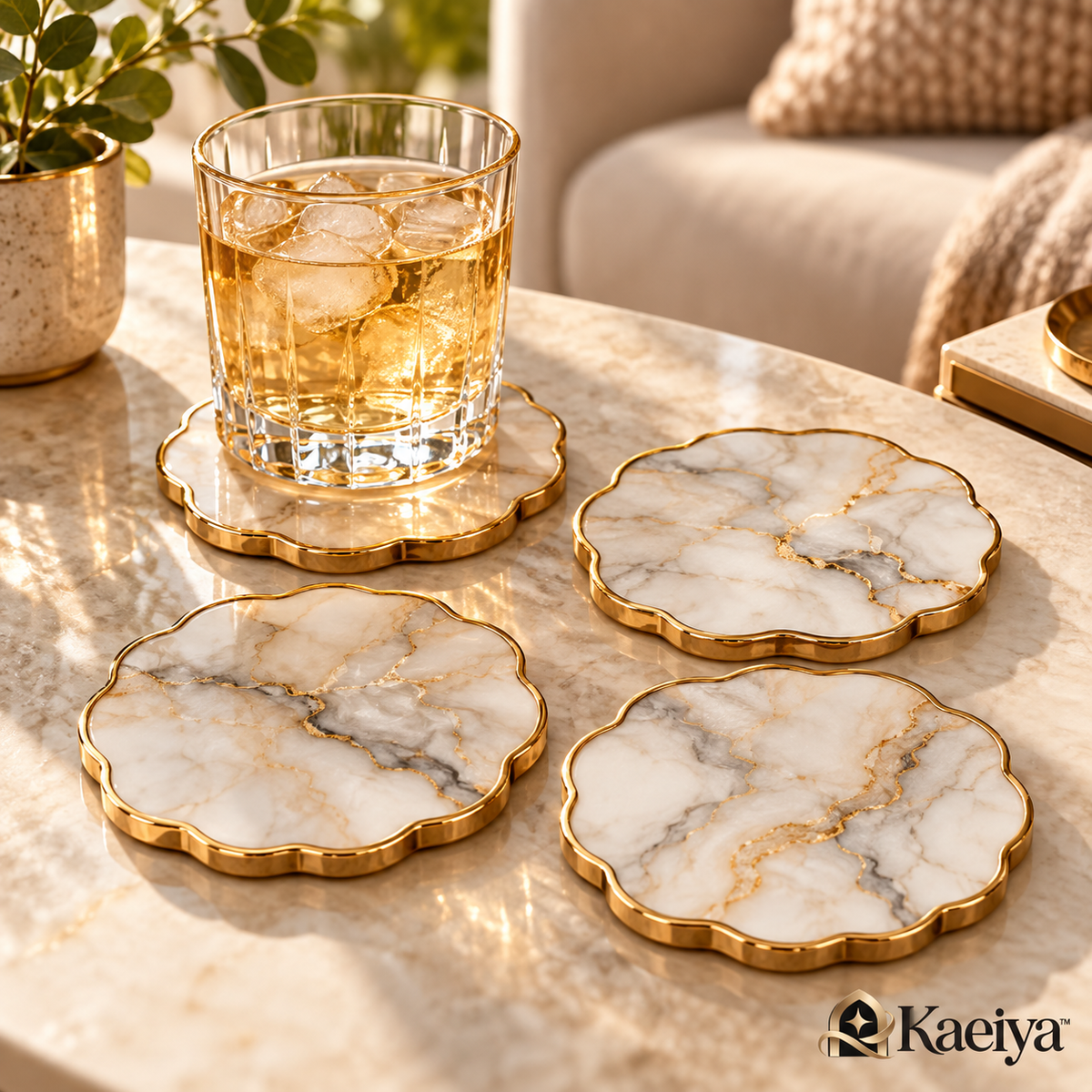 Kaeiya™ Marble-Look Scalloped Coaster Set — branded hero