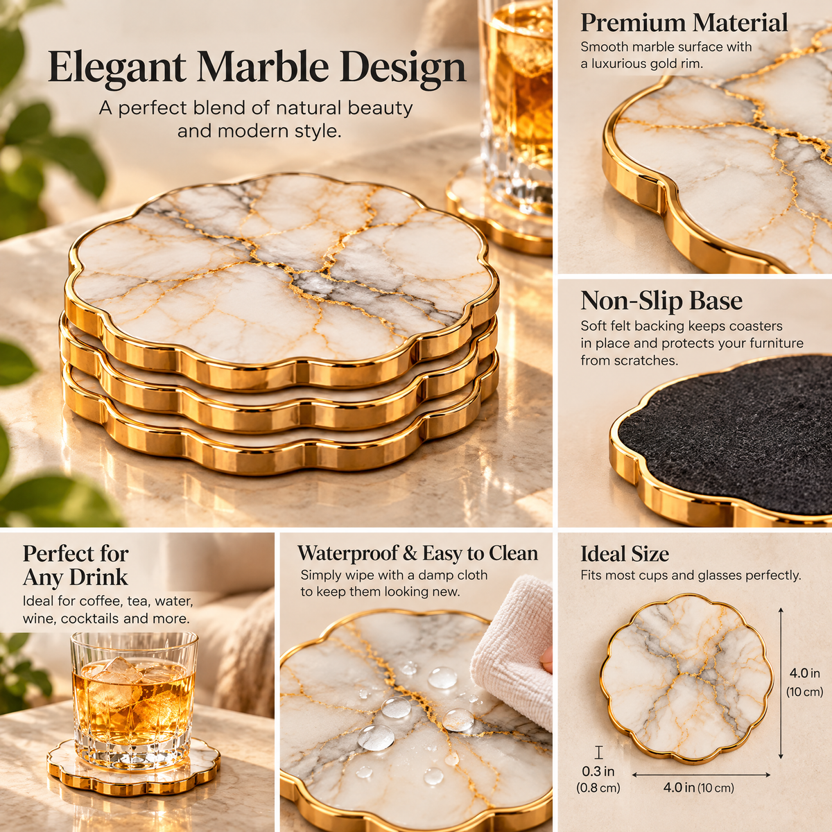 Kaeiya™ Marble-Look Scalloped Coaster Set — feature details