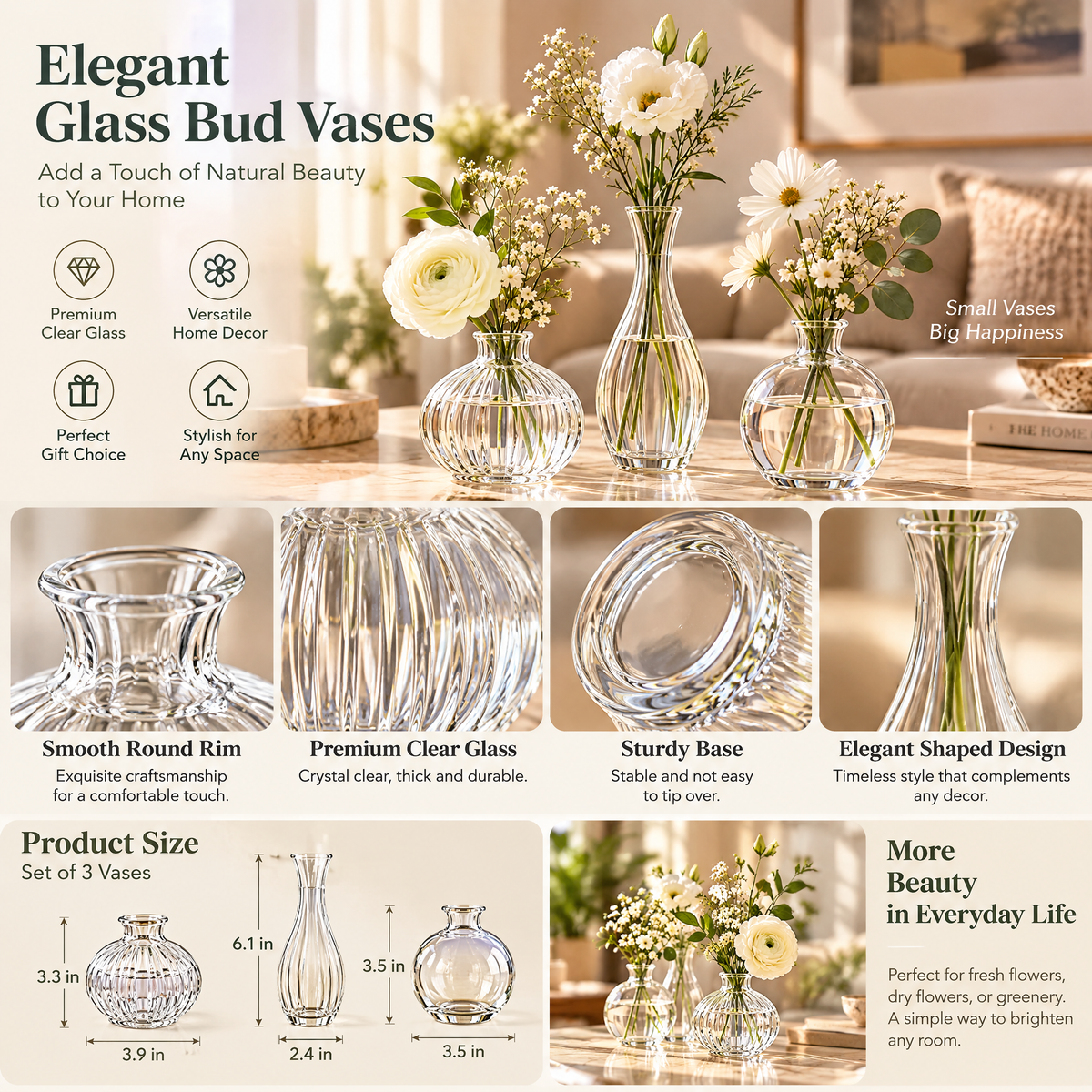 Kaeiya™ Clear Glass Bud Vase Trio — styled setting